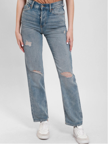 Джинси рвані блакитні, прямий фасон, висока посадка, жіноча модель